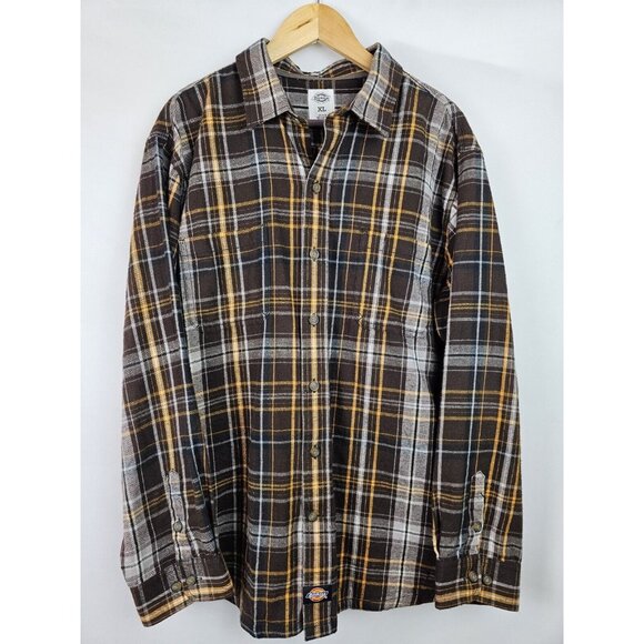 Dickies Men's Flannel Shirt Size XL Brown Plaid Long Sleeve Button Top - Picture 1 of 10